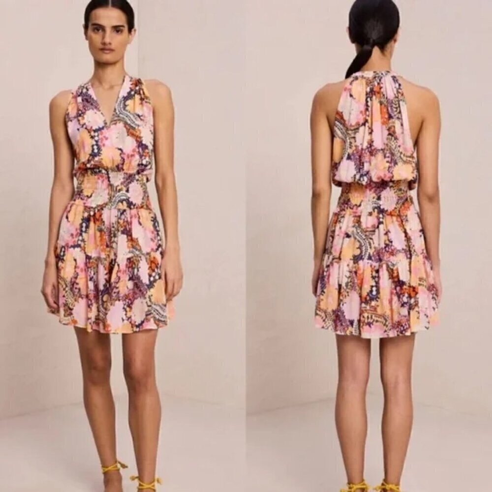 New A.L.C. Courtney Floral Printed V-Neck 100% Silk Mini Dress New Size 00